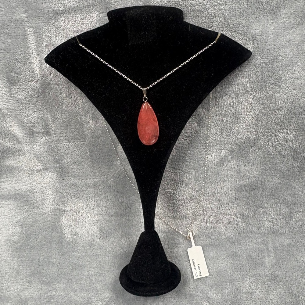 Salmon Quartz Teardrop Pendant Necklace 925 Sterling Silver Chain 18" Minimalist